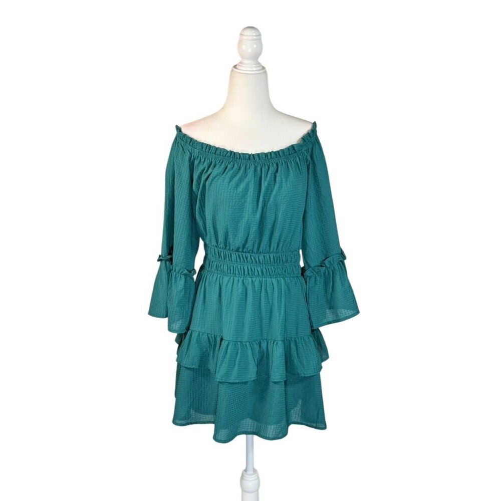 LELIS Collection-Shoulder Teal Mini Dress Size m With Bell Sleeves & Ruffle Deta
